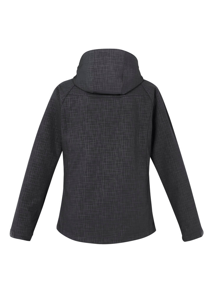 Ladies Geo Jacket in Black, featuring a sleek design, removable hood, and zippered pockets, ideal for versatile wear.