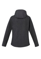Ladies Geo Jacket in Black, featuring a sleek design, removable hood, and zippered pockets, ideal for versatile wear.