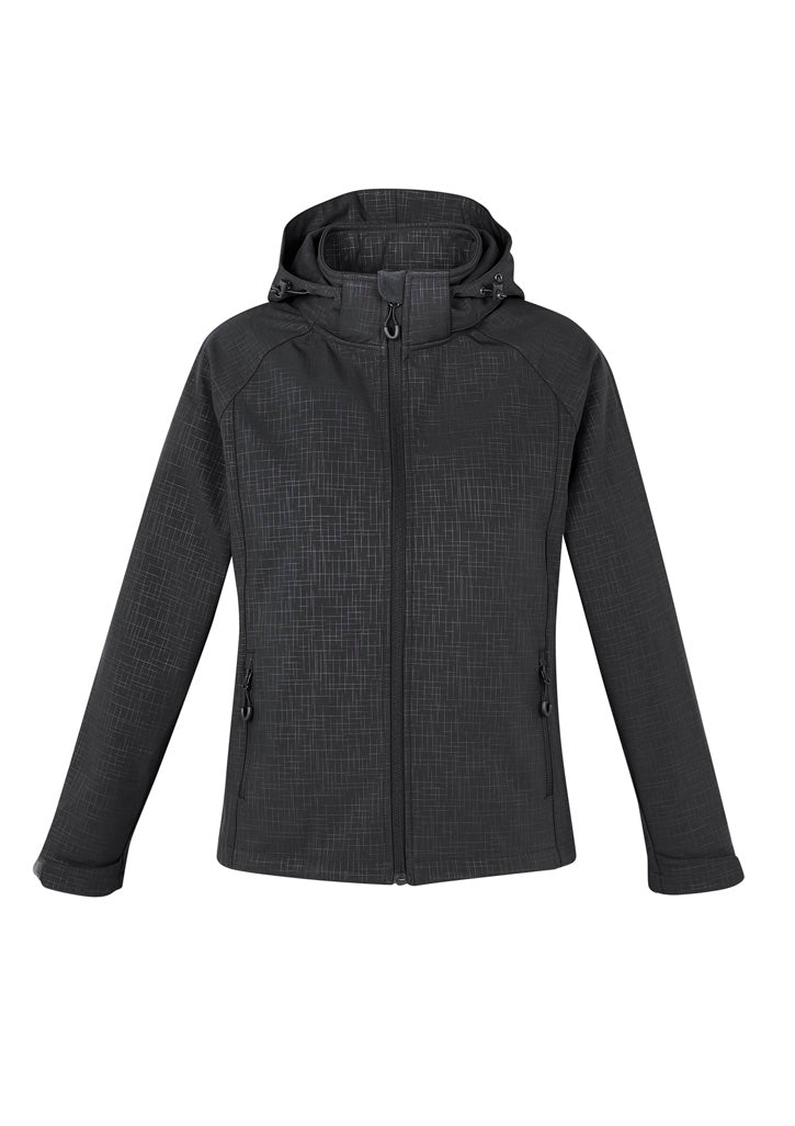 Stylish black geo jacket for women, featuring a zip-off hood, fleece lining, and adjustable cuffs, perfect for versatile wear.