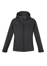 Stylish black geo jacket for women, featuring a zip-off hood, fleece lining, and adjustable cuffs, perfect for versatile wear.
