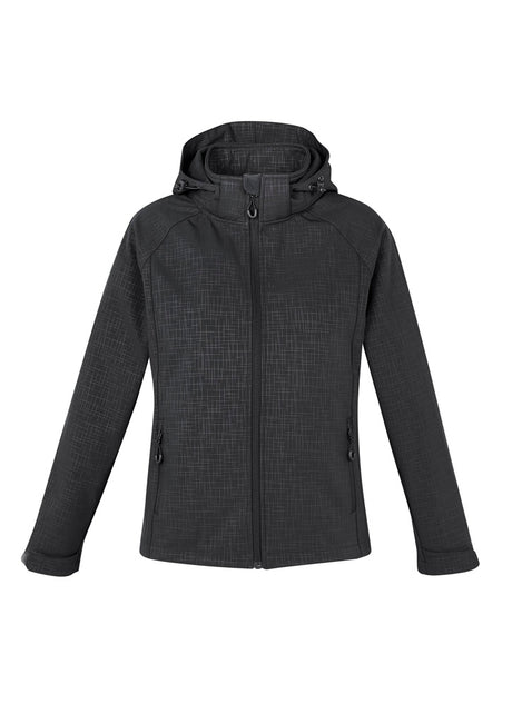 Stylish black geo jacket for women, featuring a zip-off hood, fleece lining, and adjustable cuffs, perfect for versatile wear.