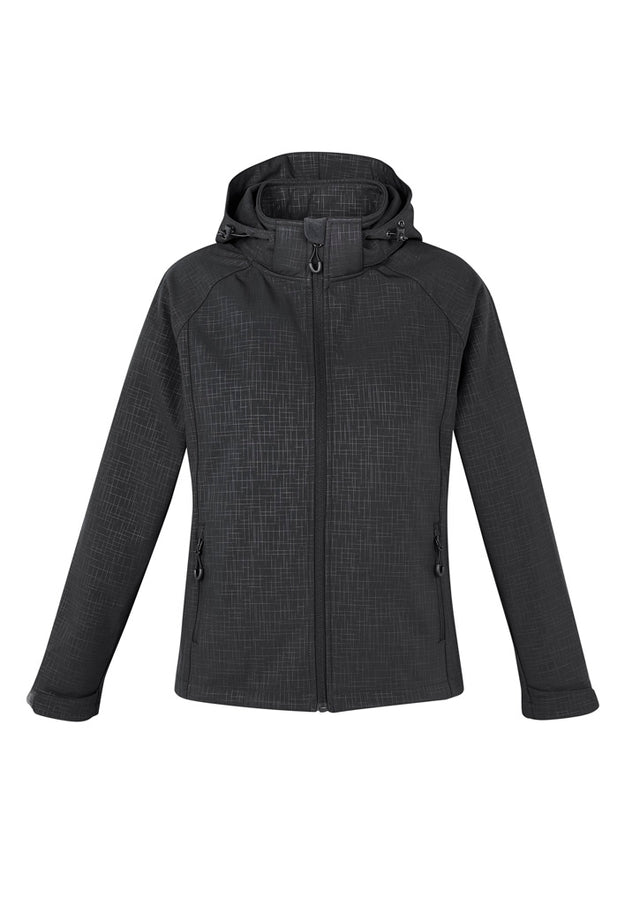 Stylish black geo jacket for women, featuring a zip-off hood, fleece lining, and adjustable cuffs, perfect for versatile wear.