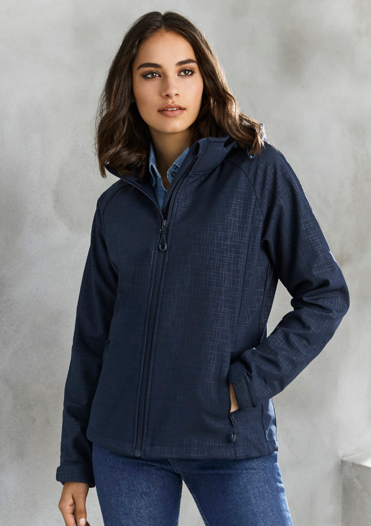 Men's Navy Geo Jacket featuring a removable hood, zippered pockets, and a sophisticated cross-hatch print for modern professionals.