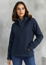 Men's Navy Geo Jacket featuring a removable hood, zippered pockets, and a sophisticated cross-hatch print for modern professionals.