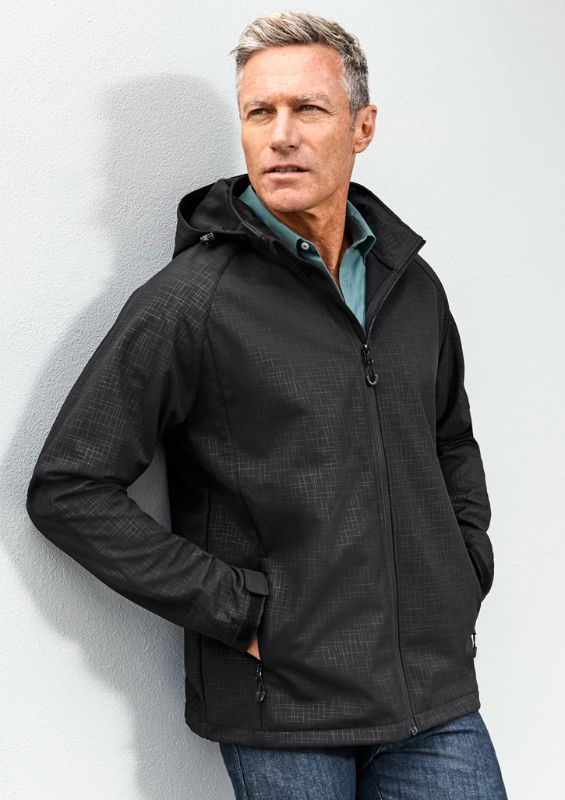 Men's Geo Jacket in black, size small, featuring a sleek cross-hatch design, bonded fleece lining, and removable hood for style and comfort.