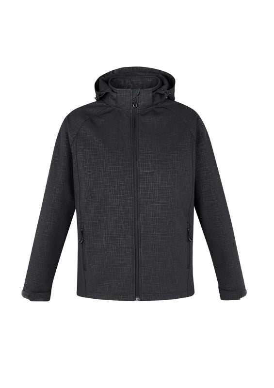 Men's black Geo Jacket (Small) featuring a subtle cross-hatch print, removable hood, and stretch softshell for comfort and style.