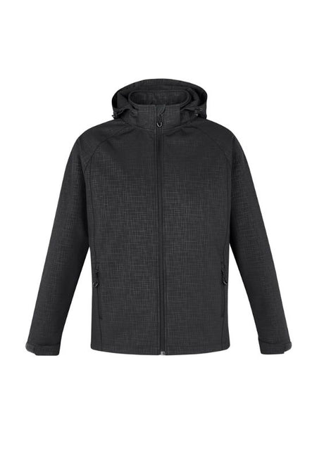 Men's Geo Jacket in black, medium size, featuring a breathable TPU membrane, removable hood, and stylish cross-hatch print.