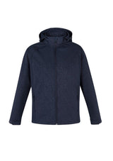 Men's navy Geo Jacket from Biz Collection featuring a breathable softshell, zip-off hood, and cozy fleece lining in size small.