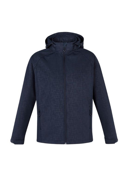 Men's Geo Jacket in navy, size large, featuring a removable hood, fleece lining, and stretch fabric for comfort and style.