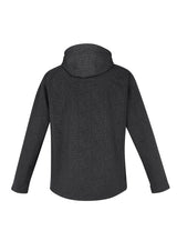 Men's Geo Jacket in Black, 2XL, featuring a subtle print, removable hood, zippered pockets, and cozy fleece lining.