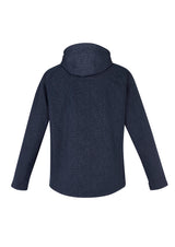 Men's Navy Geo Jacket from Biz Collection with softshell design, removable hood, and breathable fabric for all-season comfort.