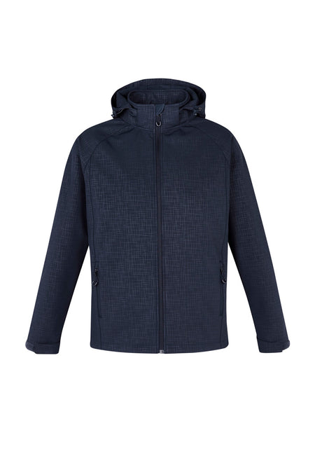 Men's navy Geo Jacket from Biz Collection featuring cross-hatch print, breathable fabric, adjustable hood, and zippered pockets.