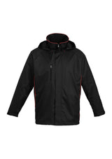 Black and red unisex core jacket in 5XL, featuring a showerproof shell, zip pockets, and concealed hood for ultimate versatility.