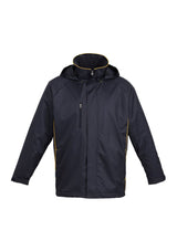 Unisex Core Jacket in Navy/Gold, size XS, featuring a showerproof shell, concealed hood, and secure zip pockets.