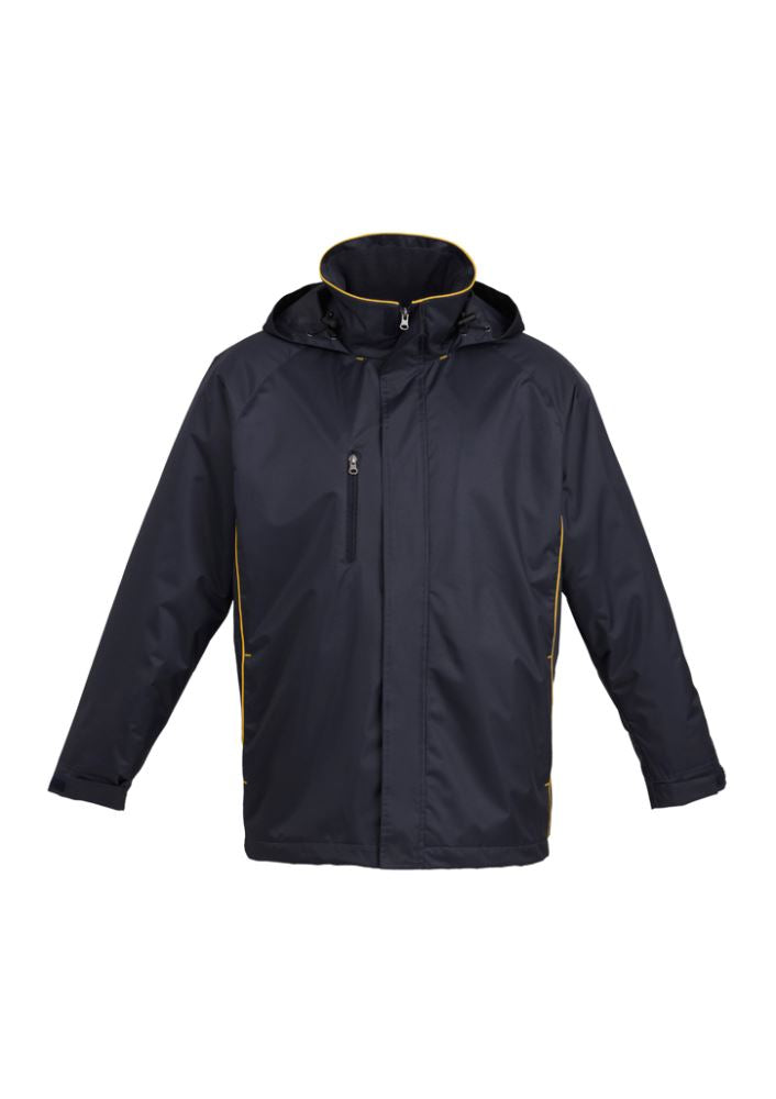Navy and gold unisex core jacket in size XL, featuring a showerproof shell, concealed hood, and zip pockets for essential storage.
