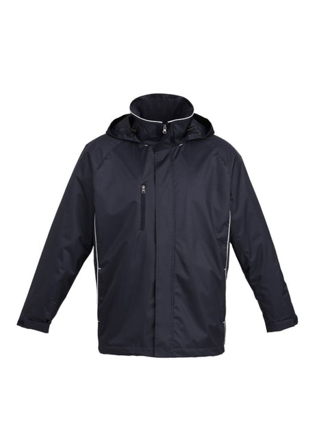 Unisex Core Jacket in Navy/White, size 5XL, featuring showerproof shell, fleece lining, concealed zip hood, and zip pockets.