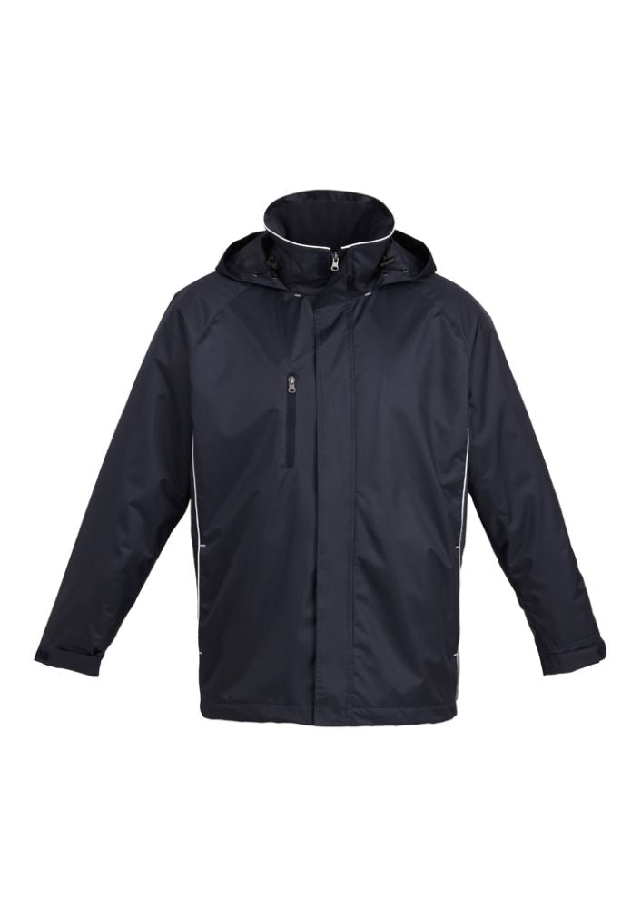 Lightweight unisex navy/white showerproof jacket with concealed zip, hood, and pockets, perfect for active outings.