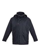 Lightweight unisex navy/white showerproof jacket with concealed zip, hood, and pockets, perfect for active outings.