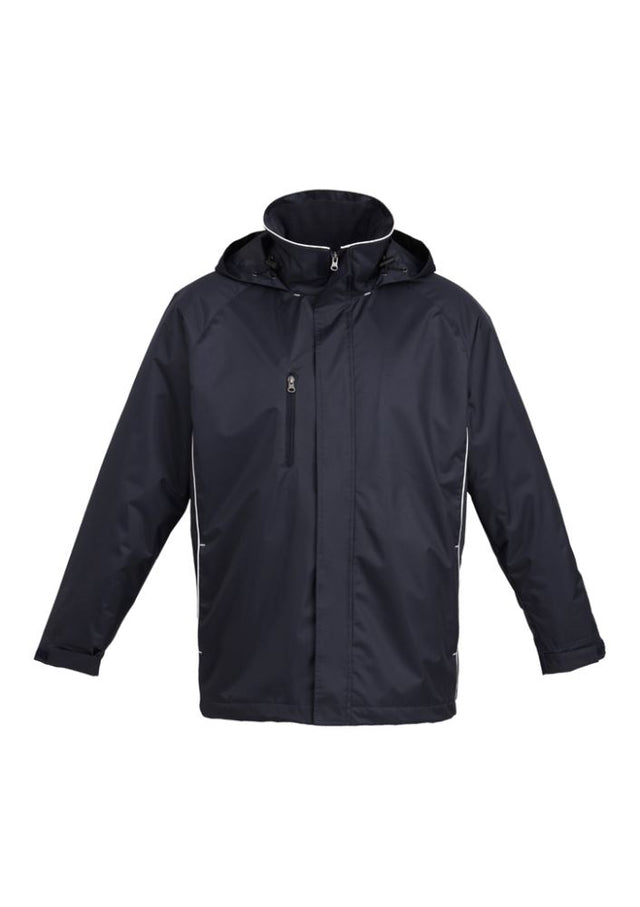 Lightweight unisex navy/white showerproof jacket with concealed zip, hood, and pockets, perfect for active outings.