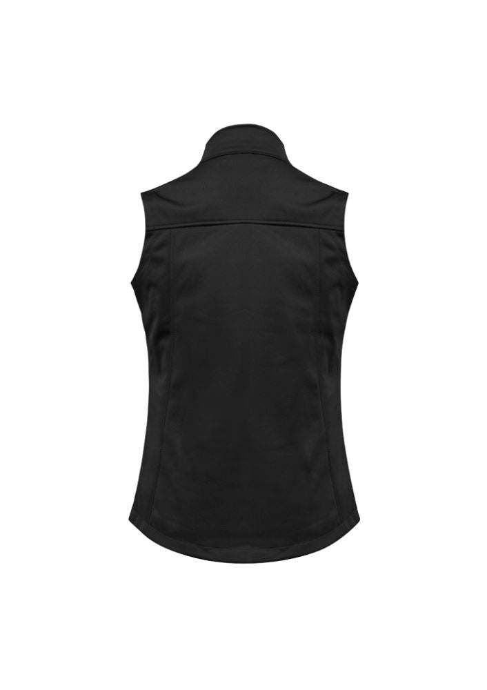 Black Ladies Soft Shell Vest in Size XL with windproof design, fleece lining, pockets, and water-repellent features.