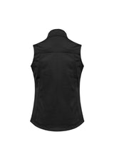 Black Ladies Soft Shell Vest in Size XL with windproof design, fleece lining, pockets, and water-repellent features.