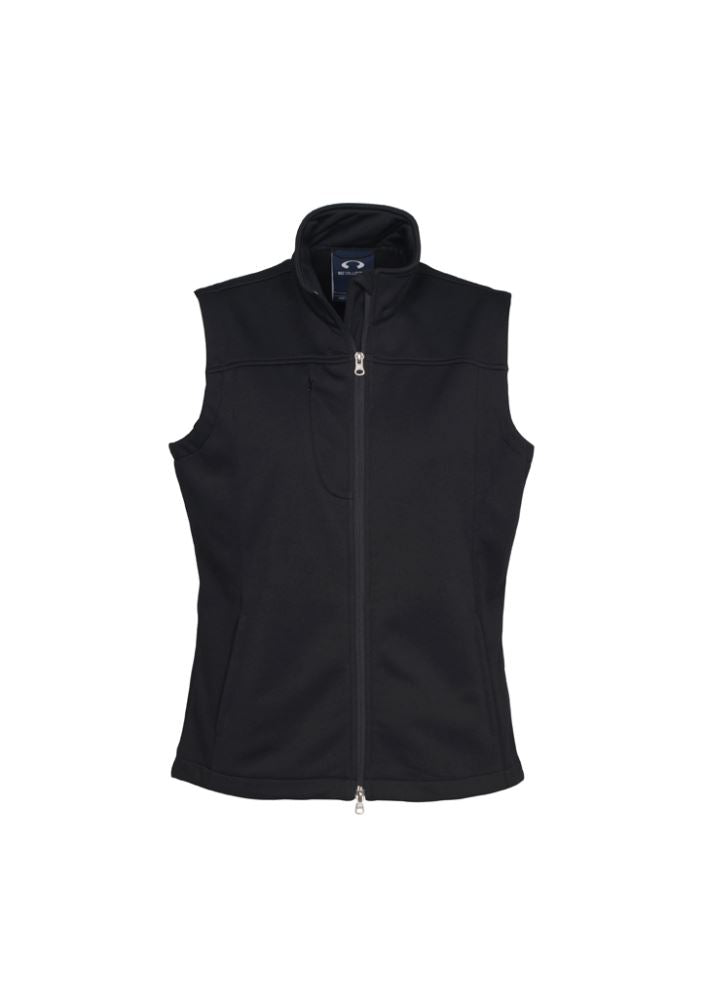 Ladies Soft Shell Vest in black, Size XL, featuring a windproof design, micro-fleece lining, and multiple convenient pockets.