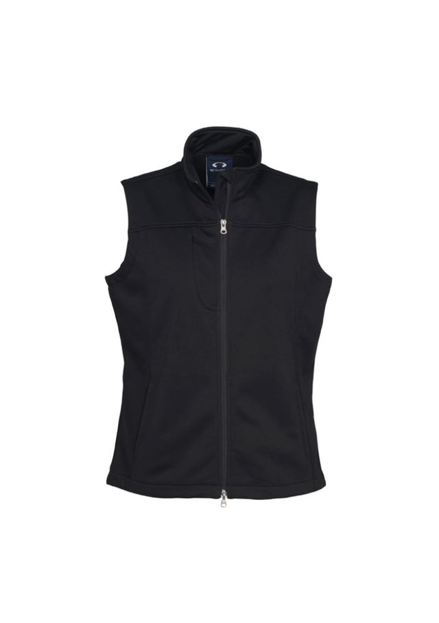 Ladies Soft Shell Vest in black, Size XL, featuring a windproof design, micro-fleece lining, and multiple convenient pockets.