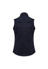 Navy Ladies Soft Shell Vest in size S with durable, warm fabric, windproof features, and practical zippered pockets.