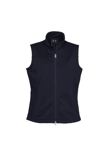 Navy ladies soft shell vest in 2XL with fleece lining, water-repellent, windproof, and zippered pockets for convenience.