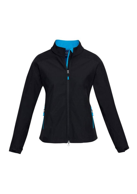 Ladies Geneva Jacket in Black/Cyan, size S, featuring a stand-up collar, adjustable cuffs, and water-repellent fabric.