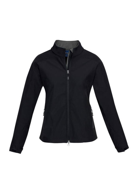 Ladies Geneva Jacket in Black/Graphite, Size L; features breathable fabric, fleece lining, adjustable cuffs, and stylish back tail.