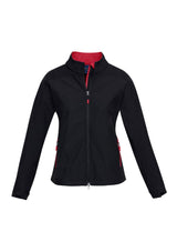 Ladies Geneva Jacket in Black/Red, Size S, featuring breathable fabric, adjustable cuffs, and water-repellent technology.