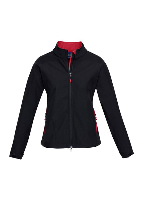 Ladies Geneva Jacket in black and red, Size L, featuring water-repellent fabric, adjustable cuffs, and zippered pockets.