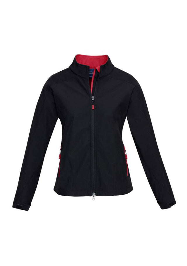 Ladies Geneva Jacket in Black and Red, size M, featuring a stand-up collar, zippered pockets, and windproof, water repellent fabric.