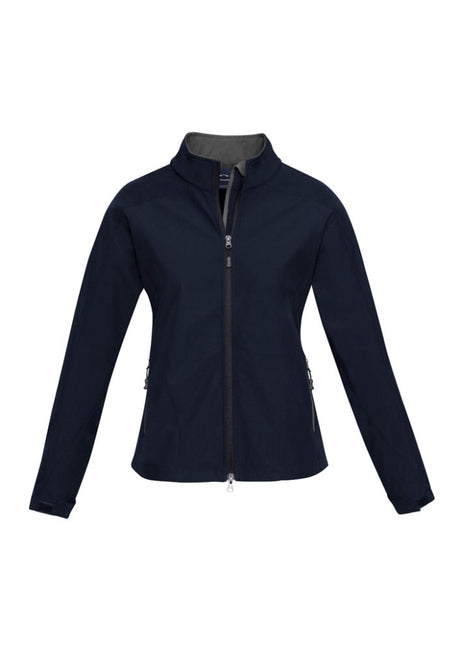 Ladies Navy/Graphite Geneva Jacket, Size M, featuring breathable fabric, fleece lining, and water-repellent technology.