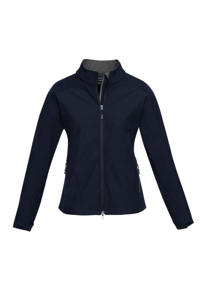 Navy and graphite Ladies Geneva Jacket in size S, featuring water-resistant fabric, soft fleece lining, and stylish design elements.