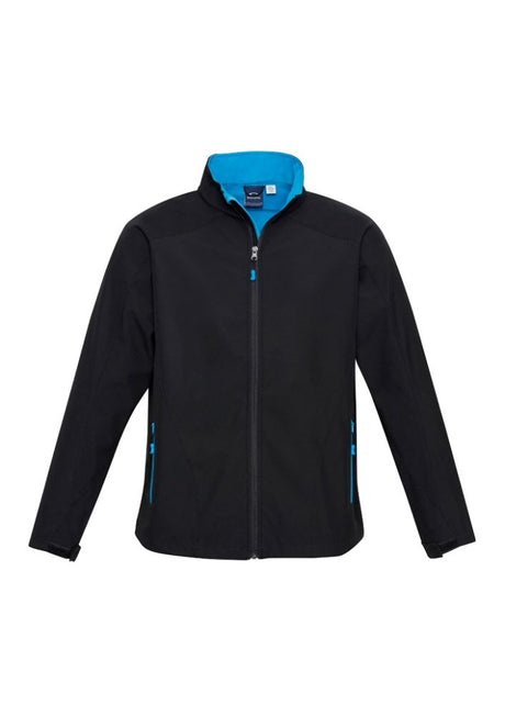 Men's Geneva Jacket in Black and Cyan, size L, features a water-repellent breathable design with zippered pockets and a stylish scalloped tail.