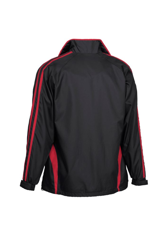 Kids Flash Track Top in Black/Red, Size 8, featuring a full zip front, breathable fabric, and stylish raglan sleeves.