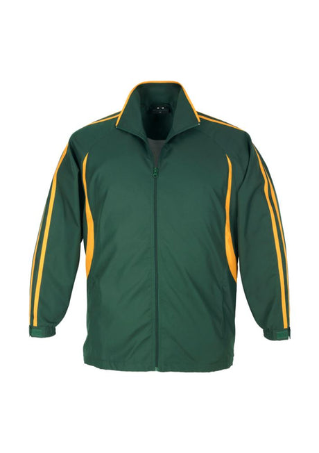 Kids Flash Track Top in Forest/Gold, size 6; features full zip, raglan sleeves, zip pockets, and elasticized cuffs for comfort.