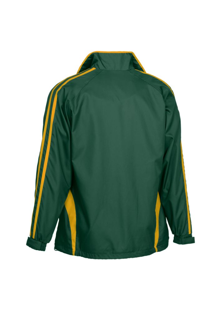 Kids Flash Track Top in Forest/Gold, features raglan sleeves, zip pockets, and durable fabric for active wear. Size 14.