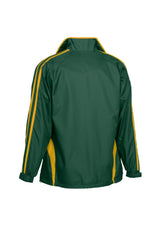 Kids Flash Track Top in Forest/Gold, features raglan sleeves, zip pockets, and durable fabric for active wear. Size 14.
