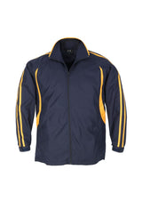 Navy/Gold zip-up track top for adults, 2XL, featuring durable fabric, raglan sleeves, and two zippered pockets.