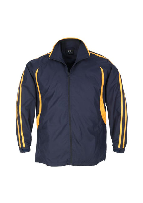 Navy and gold adults' track top with full zip, raglan sleeves, twin stripes, and zippered pockets, perfect for active wear.
