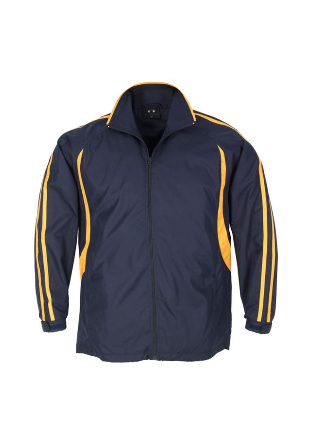 Navy and gold Adults Flash Track Top with zip pockets, raglan sleeves, and showerproof fabric, perfect for outdoor activities.