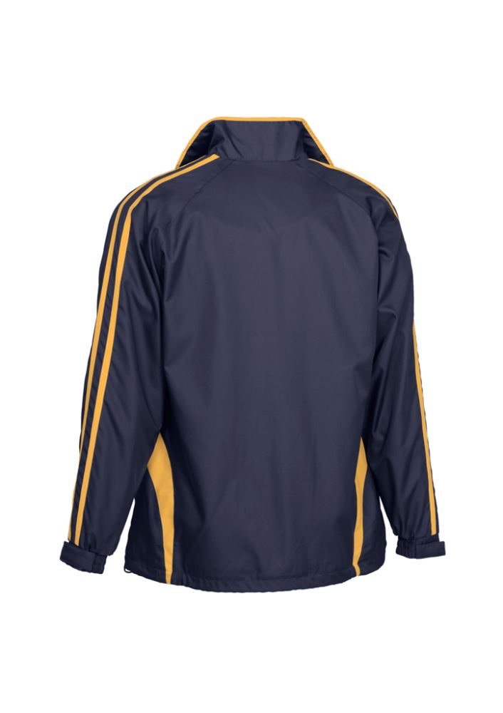 Kids Flash Track Top in Navy/Gold featuring durable fabric, zippered pockets, and stylish raglan sleeves for active wear.
