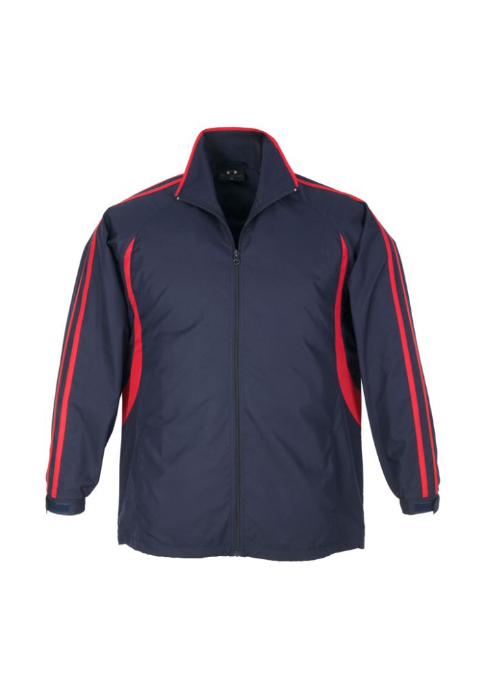 Navy and red Kids Flash Track Top from Biz Collection featuring raglan sleeves, full zip, and two zippered pockets.