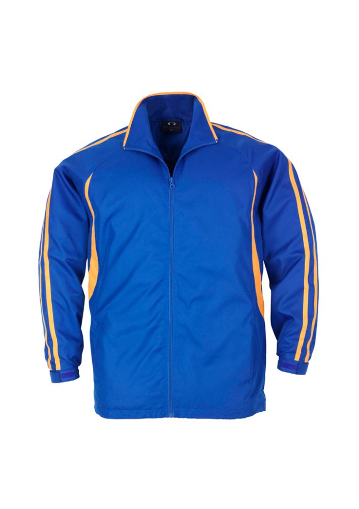 Kids Flash Track Top in Royal/Gold, size 8, featuring full zip, raglan sleeves, and zippered pockets for active play.
