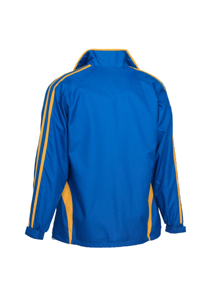 Vibrant Royal/Gold Kids Flash Track Top with full zip, raglan sleeves, and zippered pockets for active play and style.