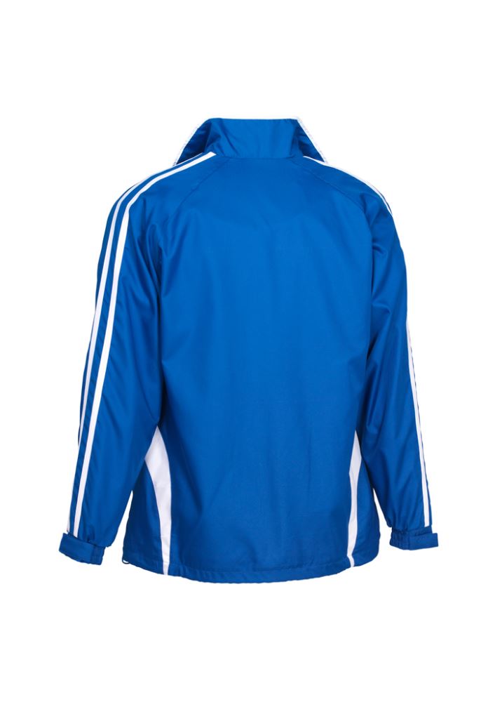 Royal and white Adults Flash Track Top featuring zip pockets, raglan sleeves, and showerproof fabric, perfect for outdoor activities.