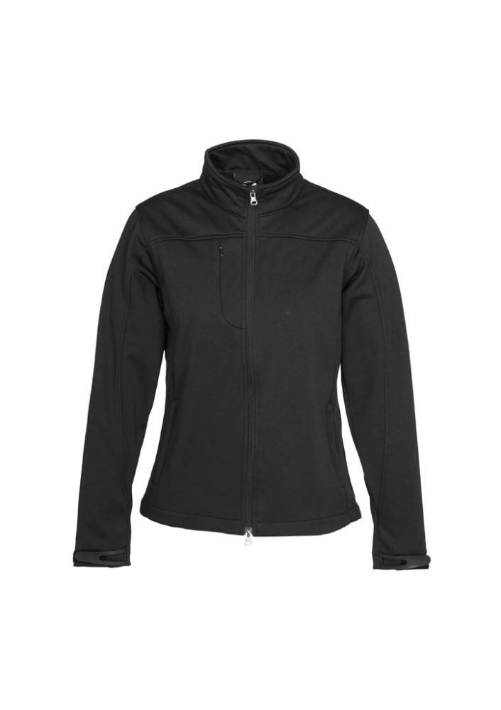 Ladies Black Soft Shell Jacket, Size M, with water repellent, windproof features, and adjustable cuffs for stylish outdoor wear.
